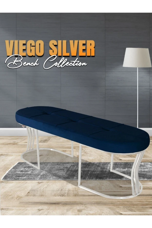 Viego Silver Exclusive Puf - Lüks Metal Gümüş Ayak, Chester Model Yatak Ucu Bench Puf