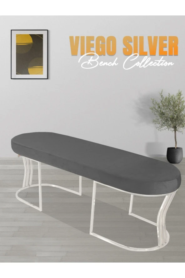 Viego Silver Smooth Puf - Lüks Metal Gümüş Ayak, Chester Model Yatak Ucu Bench Puf