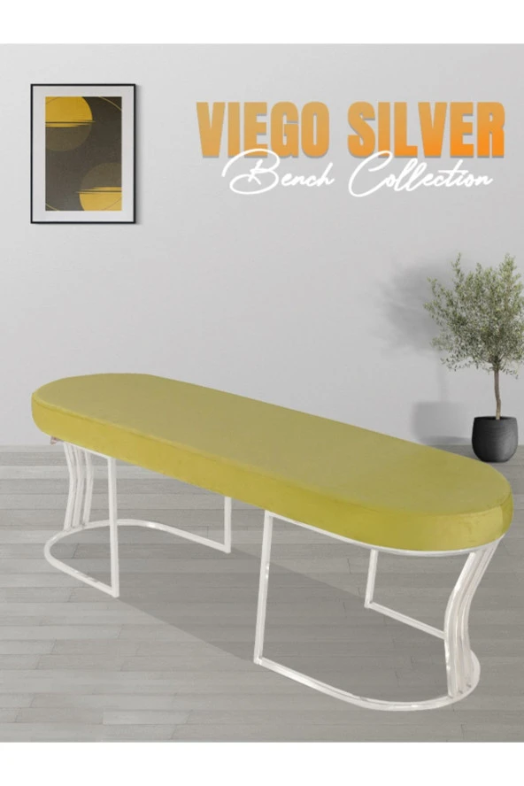 Viego Silver Smooth Puf - Lüks Metal Gümüş Ayak, Chester Model Yatak Ucu Bench Puf