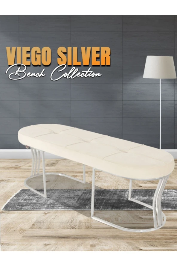 Viego Silver Exclusive Puf - Lüks Metal Gümüş Ayak, Chester Model Yatak Ucu Bench Puf