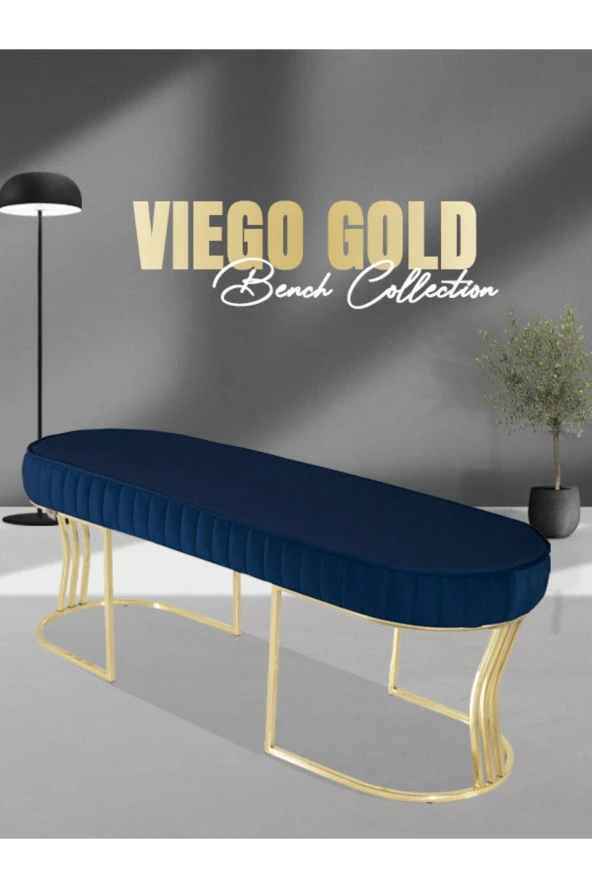Viego Gold Striped Puf - Lüks Metal Gold Ayak, Chester Model Yatak Ucu Bench Puf