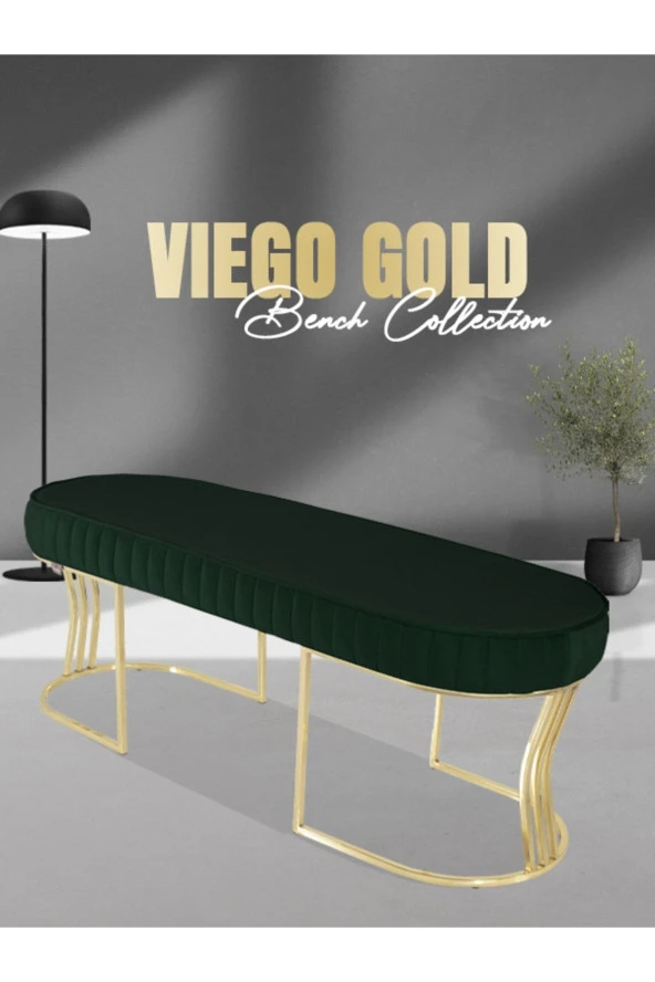 Viego Gold Striped Puf - Lüks Metal Gold Ayak, Chester Model Yatak Ucu Bench Puf