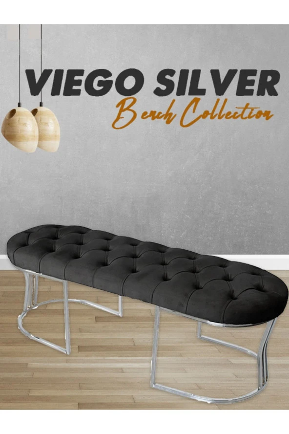 Viego Silver Puf - Lüks Metal Gümüş Ayak, Chester Model Yatak Ucu Bench Puf