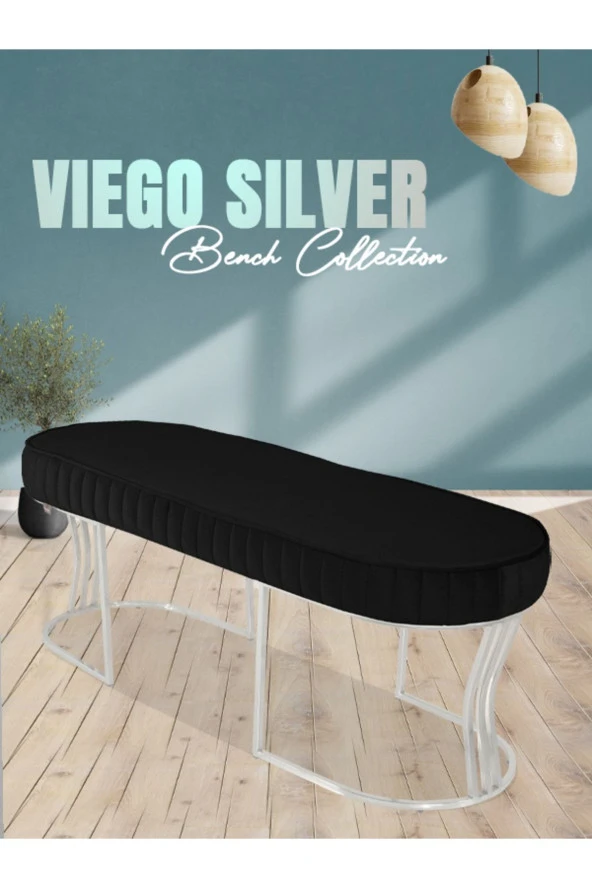Viego Silver Striped Puf - Lüks Metal Gümüş Ayak, Chester Model Yatak Ucu Bench Puf