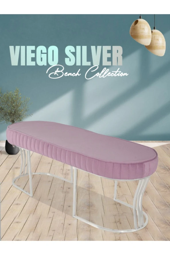Viego Silver Striped Puf - Lüks Metal Gümüş Ayak, Chester Model Yatak Ucu Bench Puf
