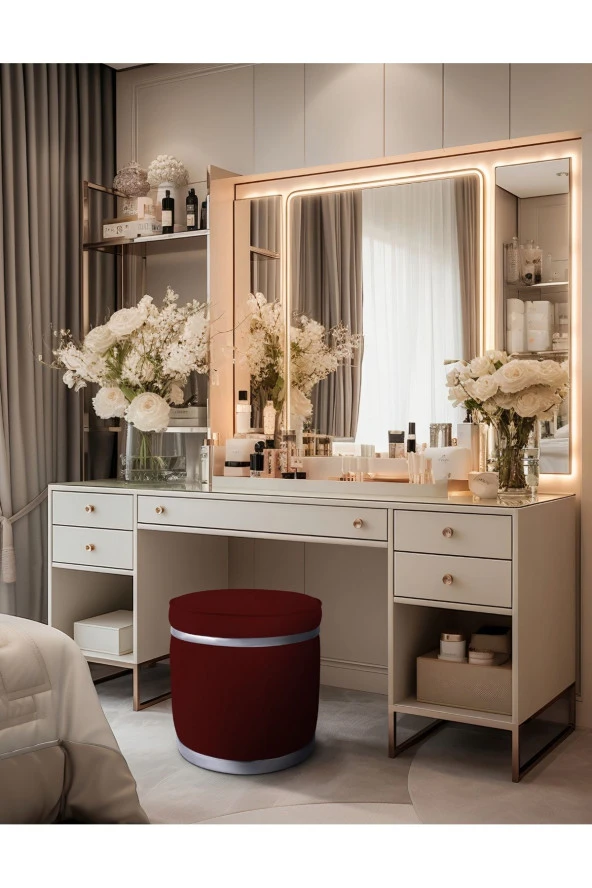 Zerafet Silver Kaplama Luxery Puf- Bordo Babyface Kumaş Pofuduk Puf, Makyaj Koltuğu
