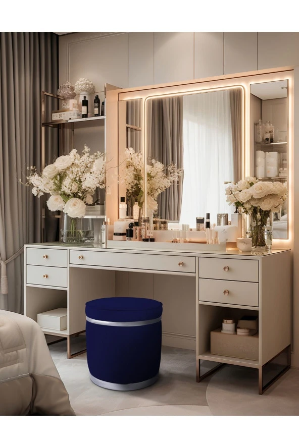 Zerafet Silver Kaplama Luxery Puf- Mavi Babyface Kumaş Pofuduk Puf, Makyaj Koltuğu