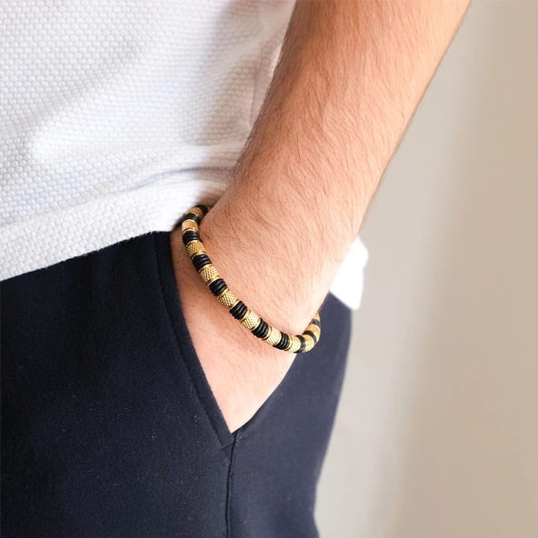 Altın Kaplama Siyah Çift Renkli Erkek Spor Kelepçe Bileklik EBLK-446 - Resim 2