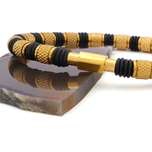 Altın Kaplama Siyah Çift Renkli Erkek Spor Kelepçe Bileklik EBLK-446 - Resim 4