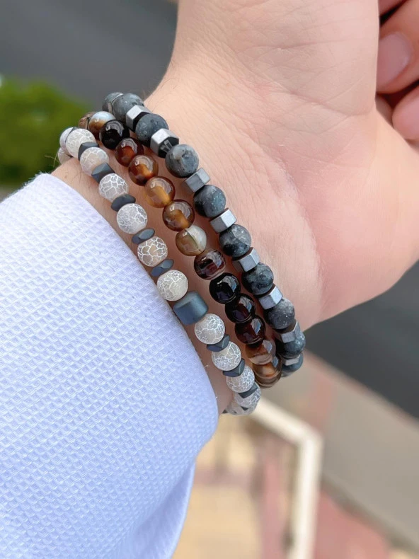 Doğal Taş 3 Adet Özel Kombin Kaplan Gözü-Kuvars-Lapis Oluşum Doğal Unisex Enerji Bilekliği BLKT.NS04 - 2