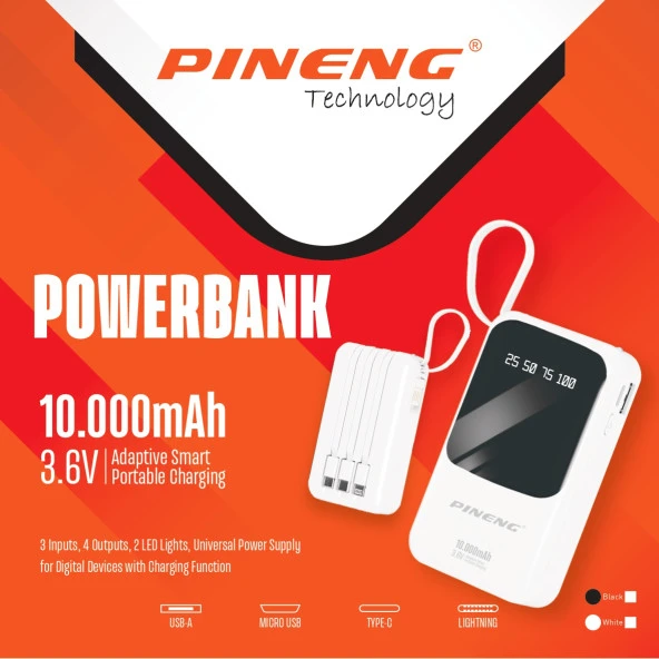 PINENG 10.000 MAH 4 KABLOLU LEDLİ POWERBANK PN-560