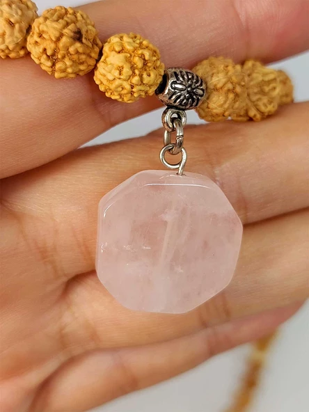 Pembe Kuvars Taşlı Rudraksha Tohum Kolye Dolama Bileklik 8mm (49732) - 5