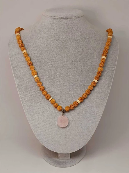 Pembe Kuvars Taşlı Rudraksha Tohum Kolye Dolama Bileklik 8mm (49732) - 3