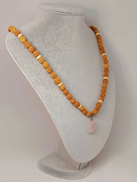 Pembe Kuvars Taşlı Rudraksha Tohum Kolye Dolama Bileklik 8mm (49732) - 4