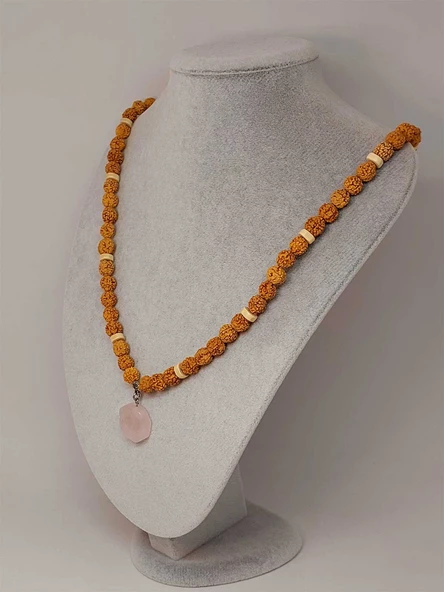 Pembe Kuvars Taşlı Rudraksha Tohum Kolye Dolama Bileklik 8mm (49732) - 2