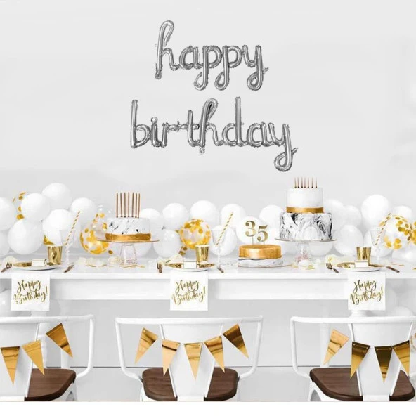 Kaligrafi Yazı Happy Birthday Folyo Balon Seti - Gümüş