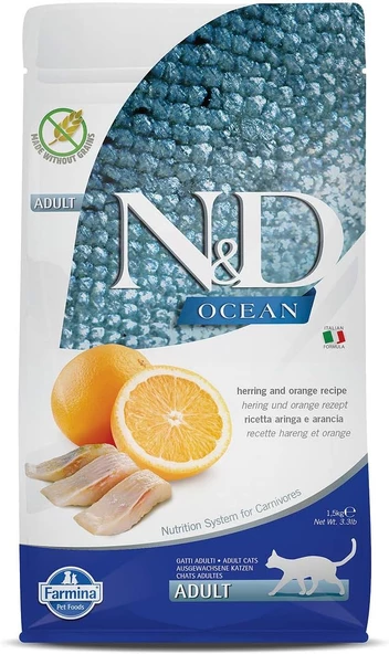 N&D Ocean Ringa Balıklı Portakallı Kısırlaştırılmış Yetişkin Kedi Maması 1,5 Kg