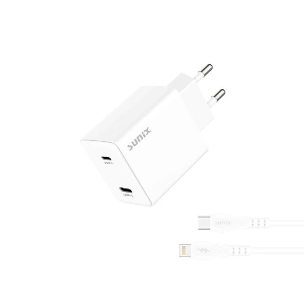 Sunix 50W USB-C ve USB-L Çift Çıkışlı Type-C Lightning Şarj Aleti Seti S-33