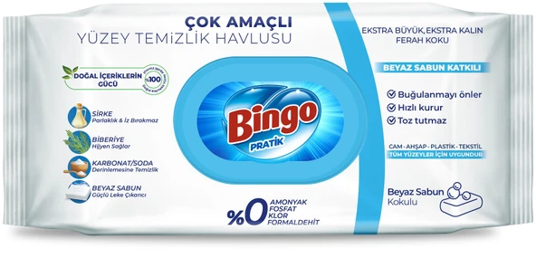 Bingo Clean Yüzey Temizlik Havlusu 96 Yaprak Beyaz Sabun Plastik Kapaklı