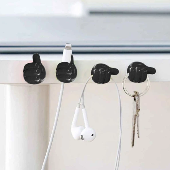 Başparmak Kablo Tutucu, Duvar, Araba, Ev, Organizatör, Kulaklık Tutucu Siyah Renk 5 adet - 3