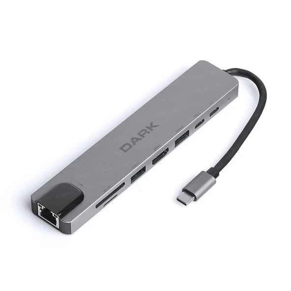 Dark DK-AC-U31X40 USB 3.1 Type-C 8 in1 Ether-HDMI-TF SD Kart Okuyucu- USB 3.0-USB-C&USB-C PD Hub