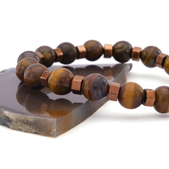 Kaplan Gözü Ve Hematit Doğal Taşlı Erkek Bileklik EBLK-472 - Resim 4