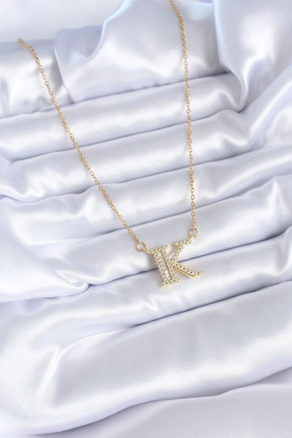 316L Çelik Gold Renk K Harf Model Zirkon Taşlı Kadın Kolye - TJ-BKO7712 - 2