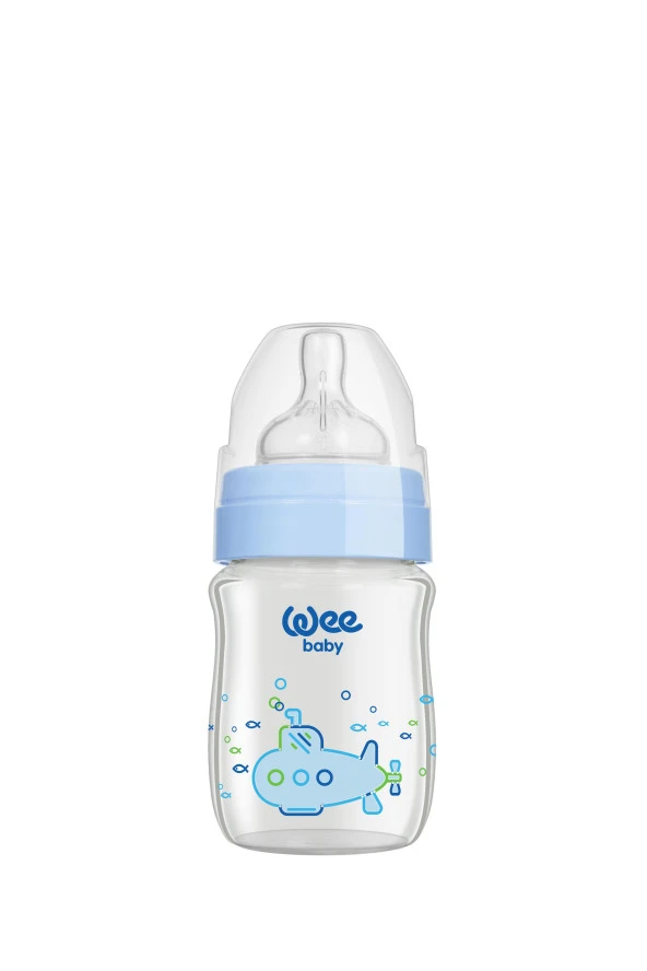 Wee Baby Klasik Plus Geniş Ağızlı Isıya Dayanıklı Cam Biberon 120 ml - MAVİ