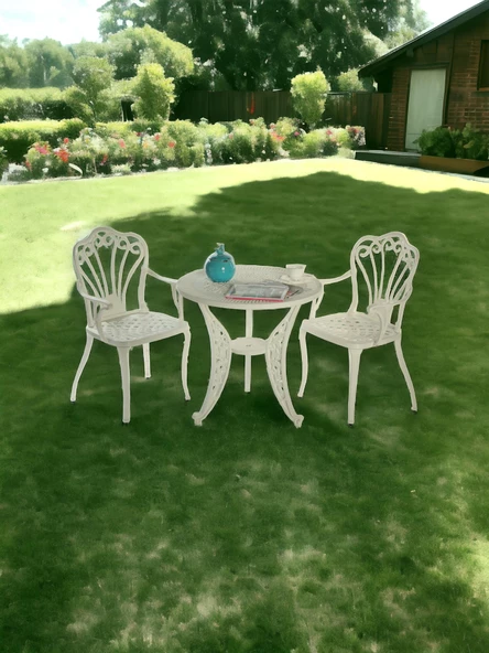 Ferforje görünümlü Plastik Yuvarlak İstanbul Masa Sandalye Takımı 1 Masa 2 Sandalye Balkon, Bahçe Mobilyası - 8