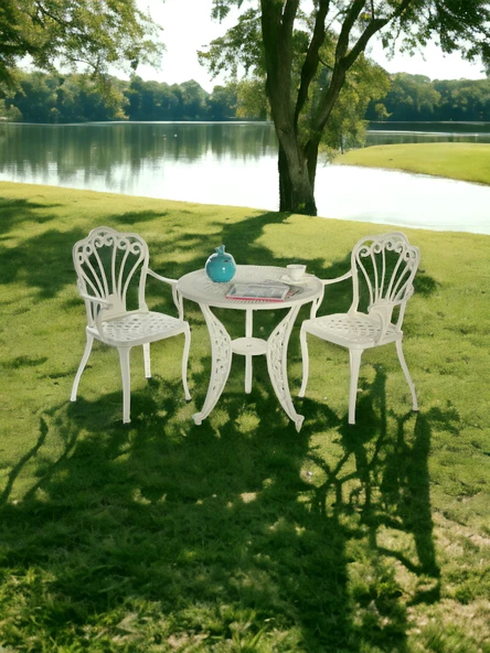 Ferforje görünümlü Plastik Yuvarlak İstanbul Masa Sandalye Takımı 1 Masa 2 Sandalye Balkon, Bahçe Mobilyası - 9