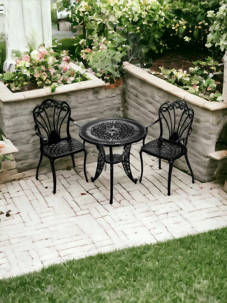 Ferforje görünümlü Plastik Yuvarlak İstanbul Masa Sandalye Takımı 1 Masa 2 Sandalye Balkon, Bahçe Mobilyası - 5