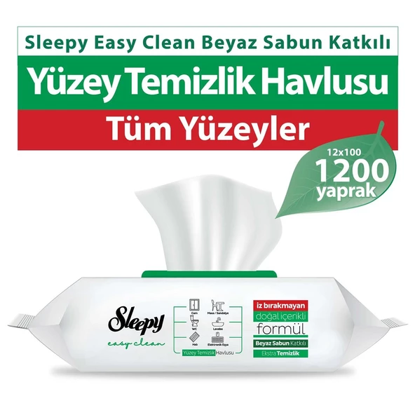 Sleepy Easy Clean Beyaz Sabun Katkılı Yüzey Temizlik Havlusu 12x100 (1200 Yaprak)