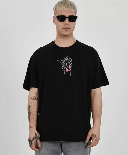 Unisex Bisiklet Yaka Baskılı Oversize T-Shirt - Siyah