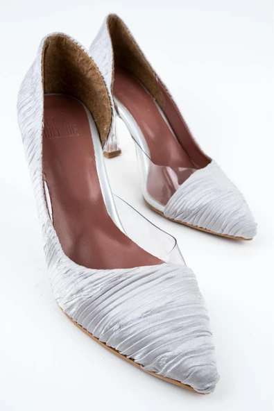 Gri Saten Pileli Stiletto Şeffaf Kadeh Topuklu Ayakkabı - Solus - Resim 4