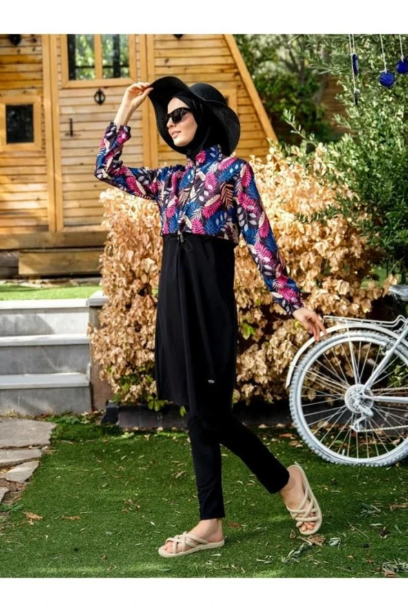 Tesmay 21104 Siyah Dijital Desenli Lycralı Tesettür Mayo - Resim 4