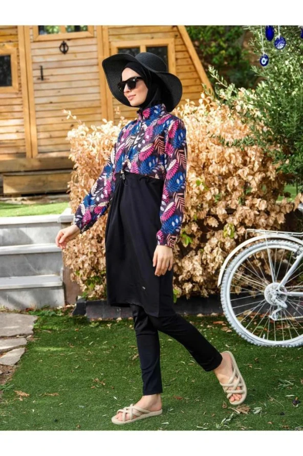 Tesmay 21104 Siyah Dijital Desenli Lycralı Tesettür Mayo - Resim 5