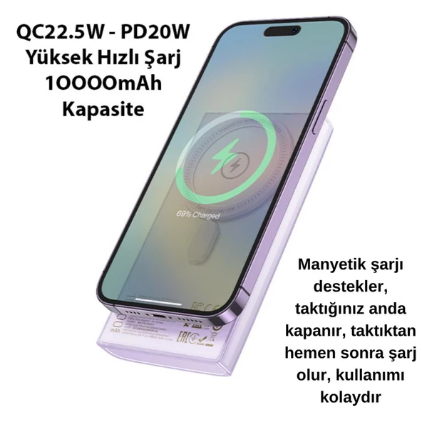 Polham HC Magsafe Uyumlu 22.5W 10000mAh Kablosuz Şarjlı Powerbank, Voltaj ve Akım Korumalı Powerbank - 3
