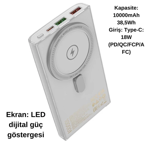 Polham HC Magsafe Uyumlu 22.5W 10000mAh Kablosuz Şarjlı Powerbank, Voltaj ve Akım Korumalı Powerbank - 8