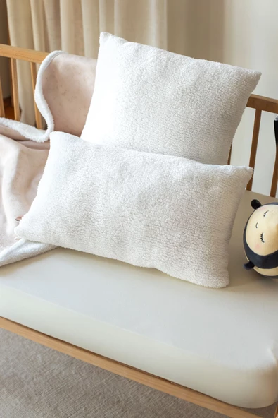 Fluffy Uyku Beşik Yastığı Kırlent Kılıfı Dekoratif Bebek Çocuk Odası Koyun Tüyü  Kuzu Kılıf Beyaz - Resim 5