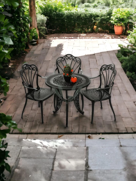 Ferforje görünümlü Plastik Yuvarlak İstanbul Masa Sandalye Takımı 1 Masa 3 Sandalye Balkon, Bahçe Mobilyası - 6