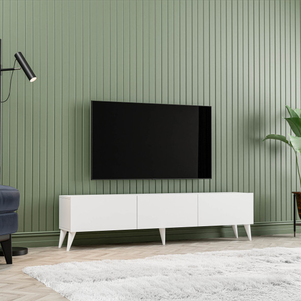 1240 EVA 3 KAPAKLI KULPSUZ 150 CM AYAKLI TV ÜNİTESİ BEYAZ - 3