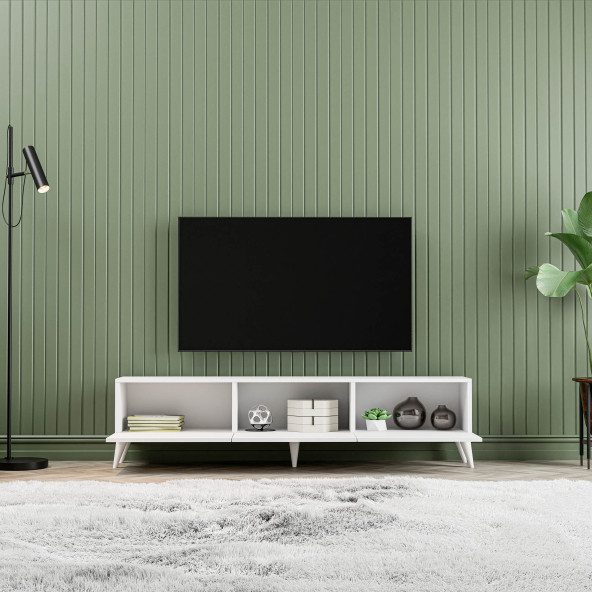 1240 EVA 3 KAPAKLI KULPSUZ 150 CM AYAKLI TV ÜNİTESİ BEYAZ - 5