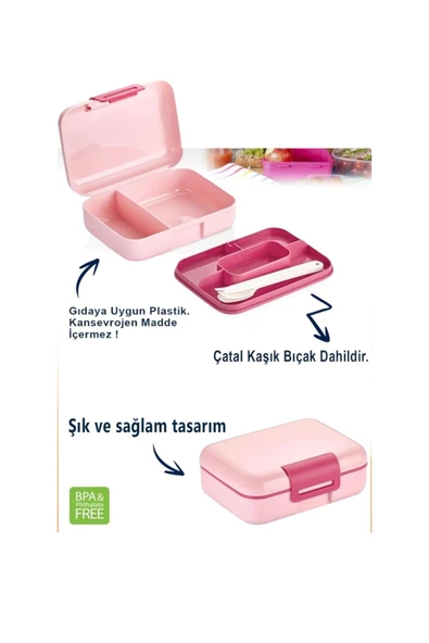 2'li Set Matara Ve Pembe Kendinden Kaşıklı 5 Bölmeli 2 Katlı Beslenme Kutusu ve Pembe Suluk Matara - 3