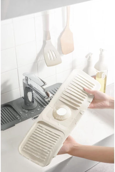 Krem 2 Adet Elastik Musluk Matı Su Tutucu Düzenleyici Kaydırmaz Taban Organizer Mutfak Banyo Lavabo - 2
