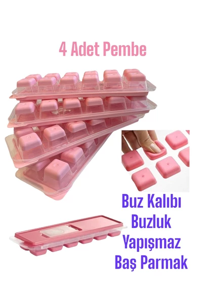 4 Adet Pembe Bas Parmak Silikon Buz Kalıbı 12 Bölmeli Buz Kalıbı Silikon Buzluk