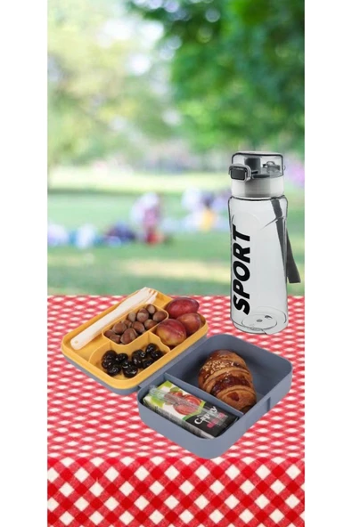 2'li Okul Set Mavi Kendinden Kaşıklı 5 Bölmeli 2 Katlı Beslenme Kutusu ve Gri Suluk Matara