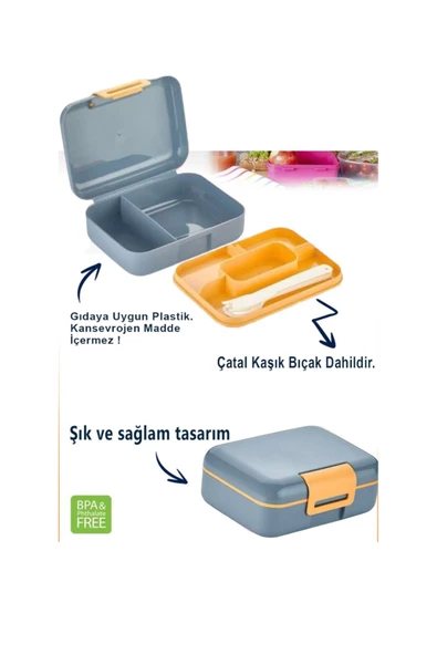 2'li Okul Set Mavi Kendinden Kaşıklı 5 Bölmeli 2 Katlı Beslenme Kutusu ve Gri Suluk Matara - 3