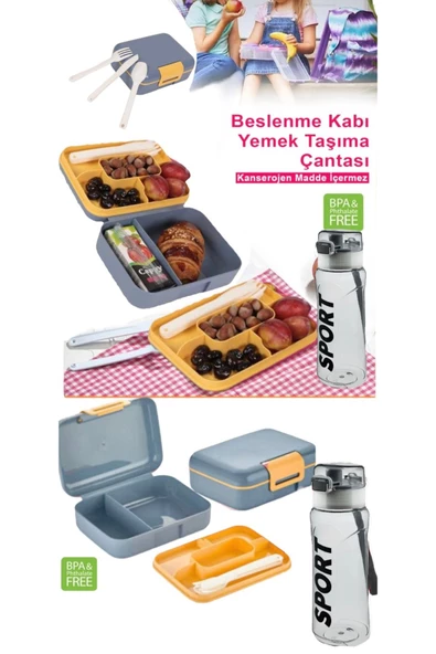 2'li Okul Set Mavi Kendinden Kaşıklı 5 Bölmeli 2 Katlı Beslenme Kutusu ve Gri Suluk Matara - 2