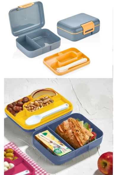 Kendinden Kaşıklı Mavi 5 Bölmeli 2 Katlı Beslenme Kutusu - Okul Beslenme Kabı - 2