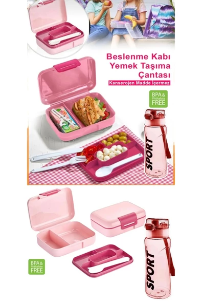 2'li Set Matara Ve Pembe Kendinden Kaşıklı 5 Bölmeli 2 Katlı Beslenme Kutusu ve Pembe Suluk Matara - 2